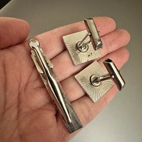 Cuff links and tie clip in silver Native American design. 3 piece vintage set - Picture 12 of 15